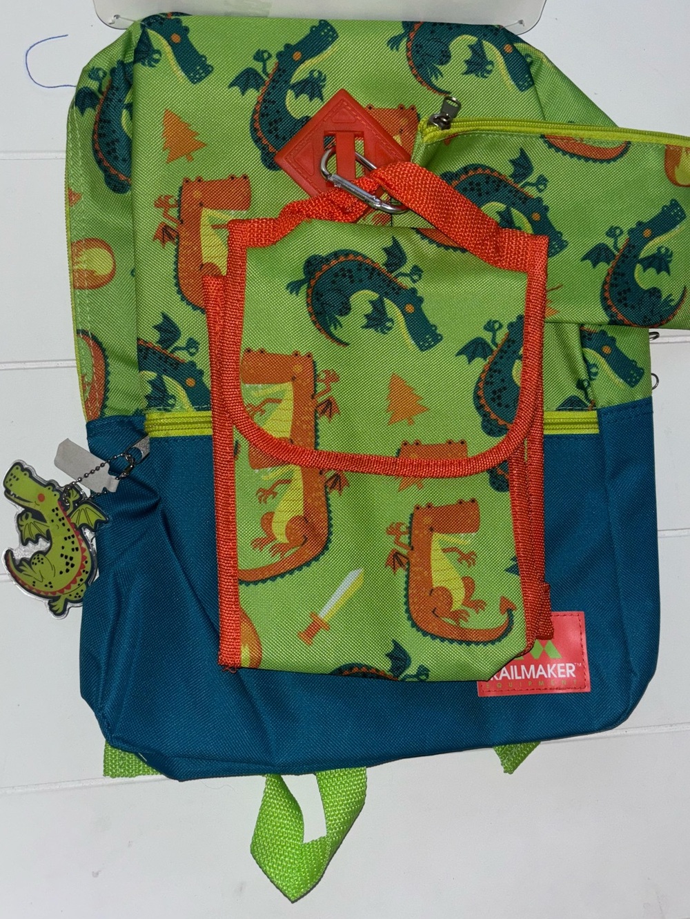 5 Piece Kids Boys Backpack Bag Back to School Set - Green & Orange Dragon Print - Picture 7 of 16